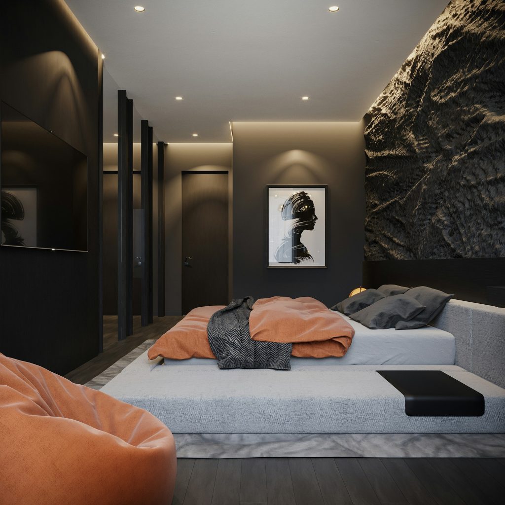 Modernes Schlafzimmer mit Kunst an der Wand.