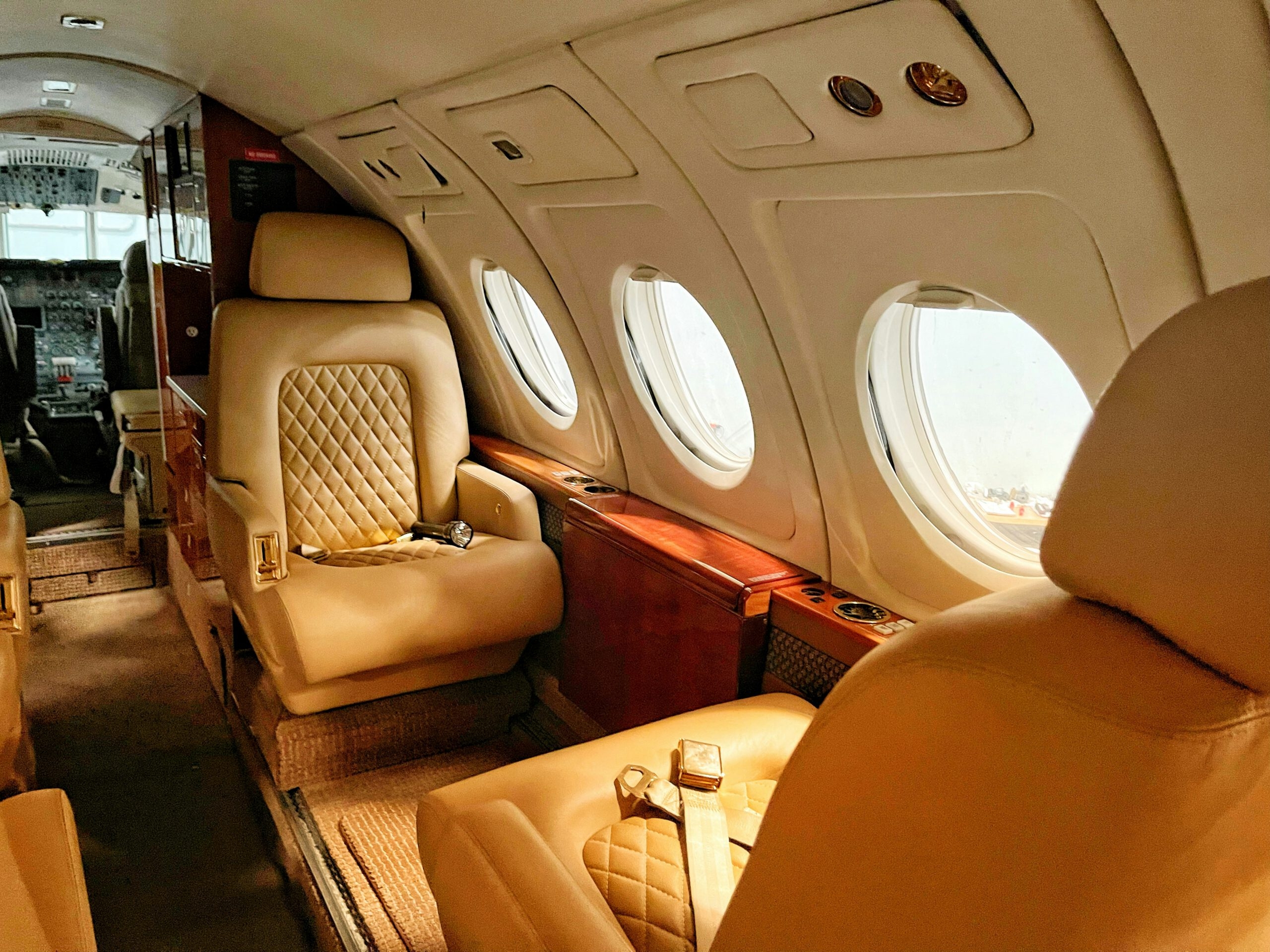 Luxuriöser Innenraum eines Privatjets mit Ledersitzen.
