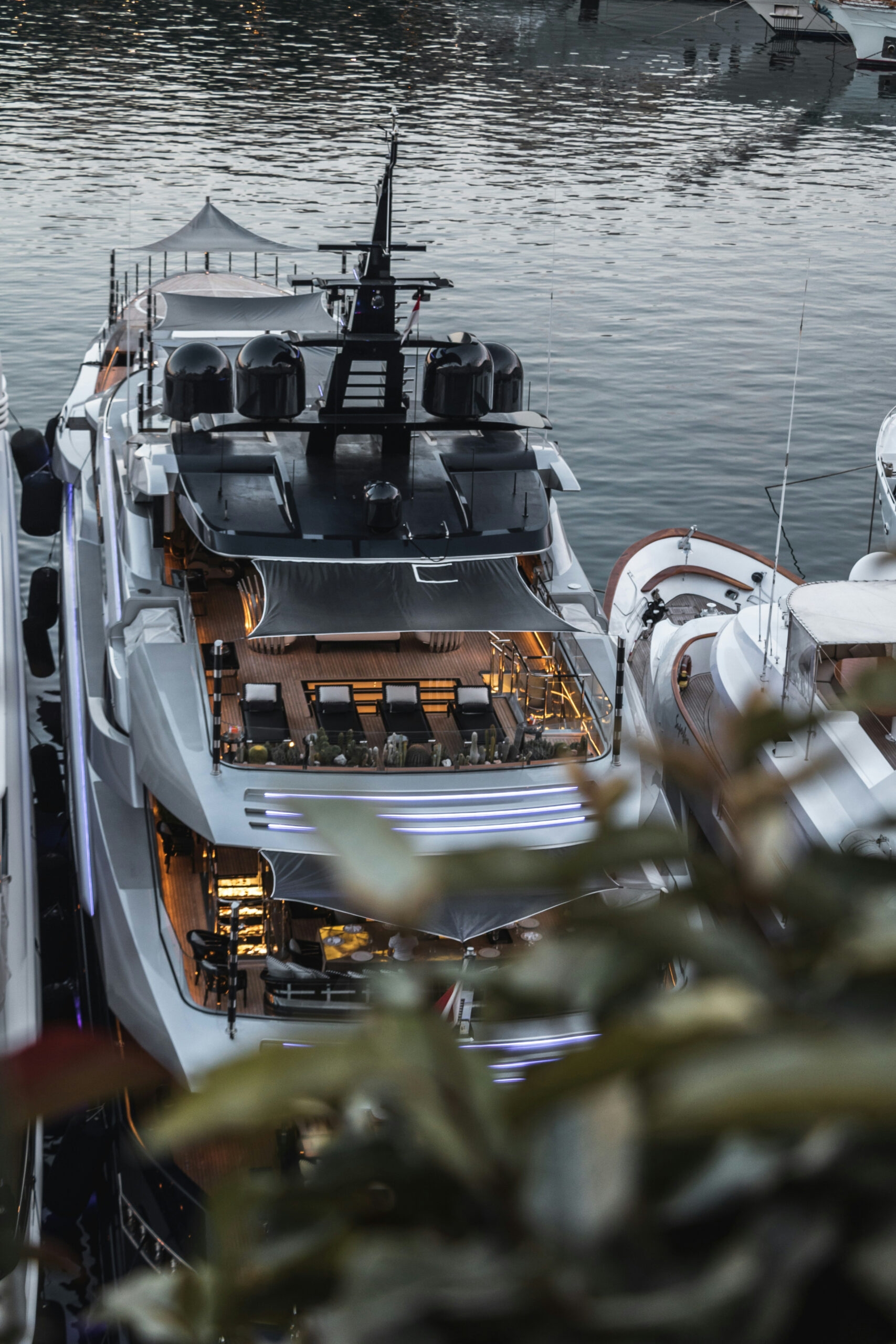Luxury yacht in the harbor photographed from above