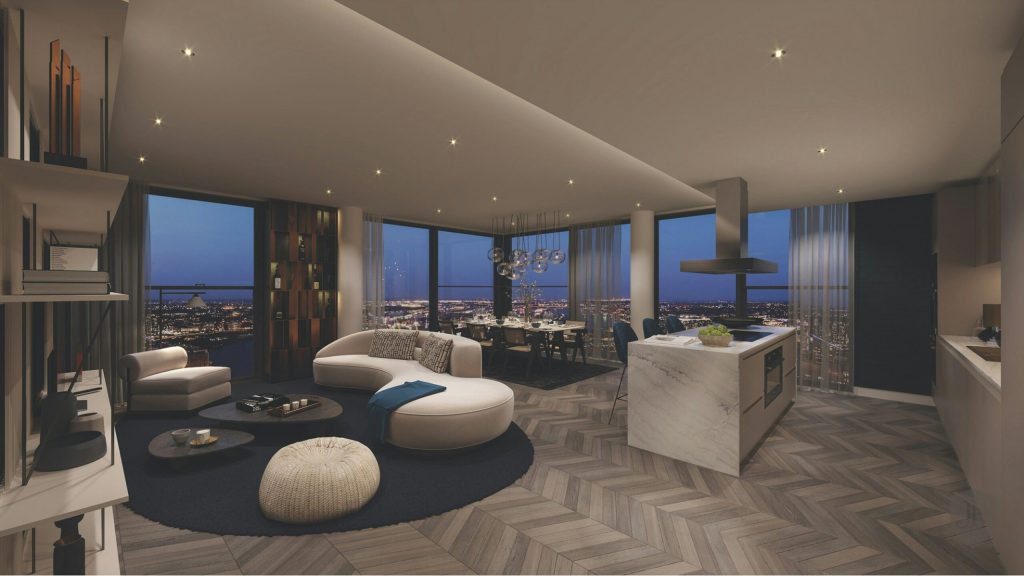 Modernes Wohnzimmer mit Aussicht bei Nacht.